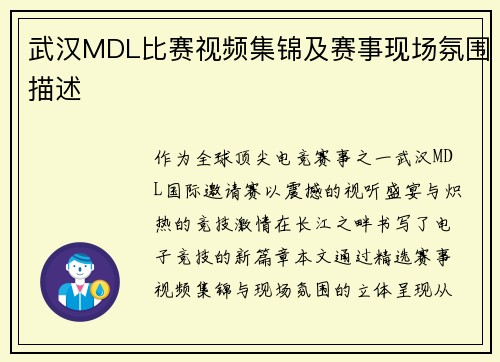 武汉MDL比赛视频集锦及赛事现场氛围描述
